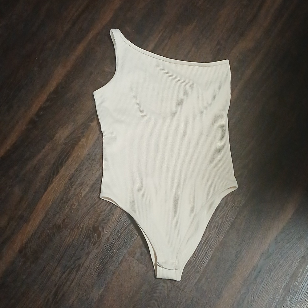 Cream‎ Asymmetrical Bodysuit with High-Cut Legs